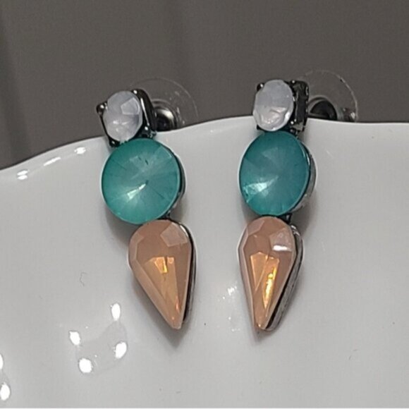 Vintage J Crew Turquoise Orange Crystal Drop Bar Colourblock Geometic Earrings - Picture 6 of 16